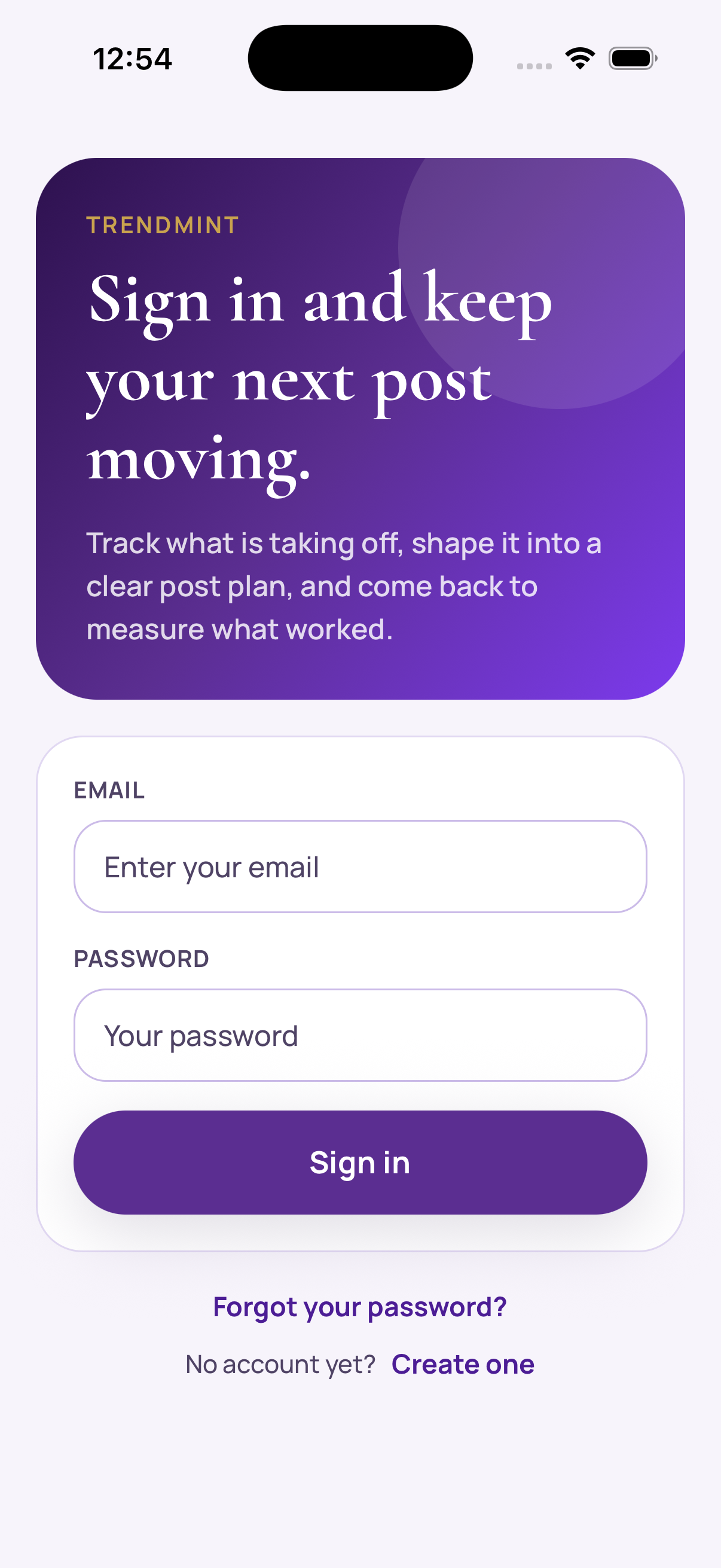 TrendMint sign in screen shown on iPhone.
